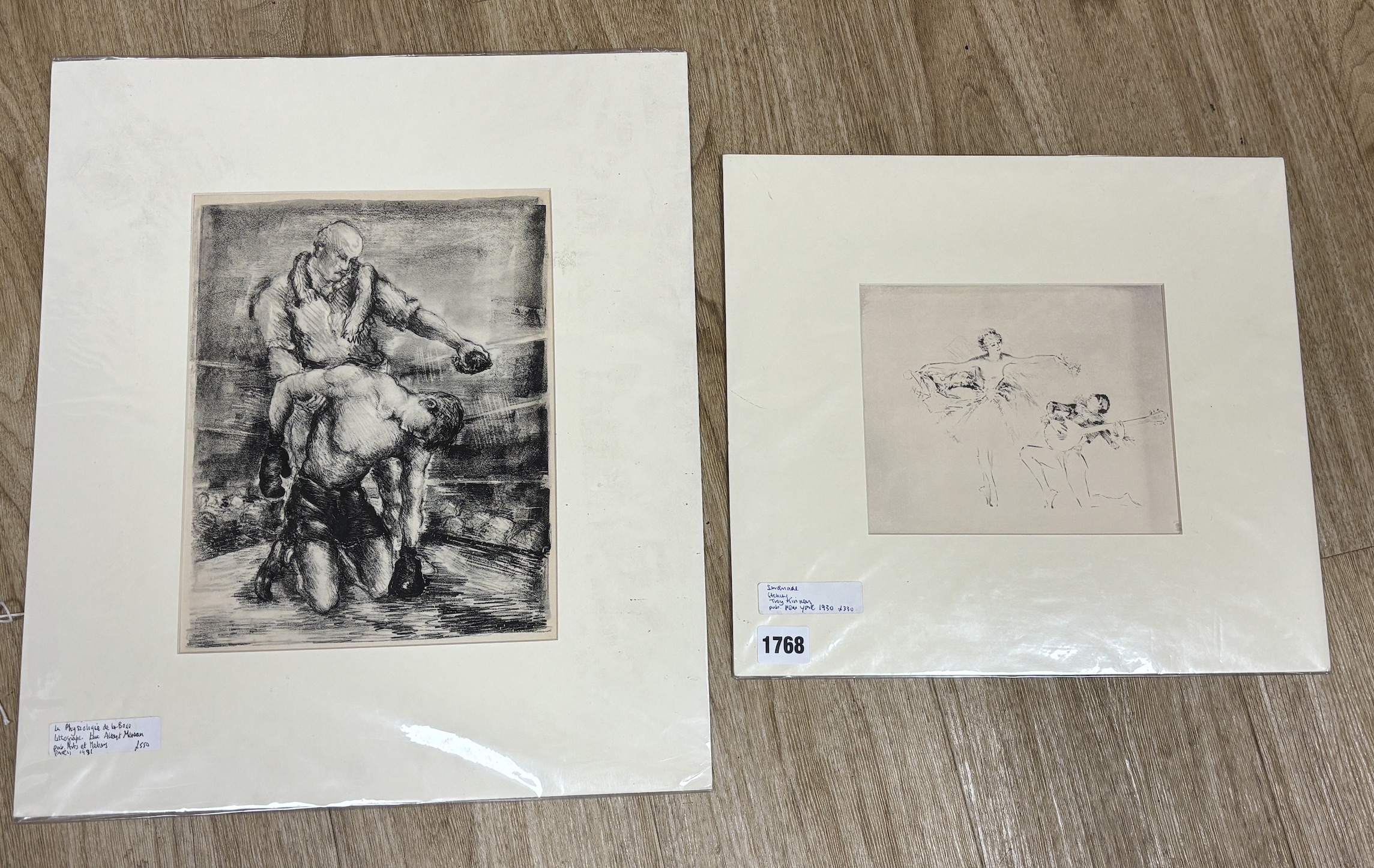 After Luc Albert Moreau (French, 1882-1948), lithograph, ‘La physiologie de la boxe’ and After Troy Kinney (American, 1871-1938), etching, ‘Serenade’, mounted, largest 28 x 21cm, unframed